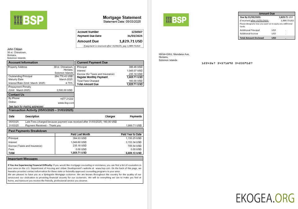 Relevé d'hypothèque bancaire BSP des Îles Salomon aux formats Word et PDF